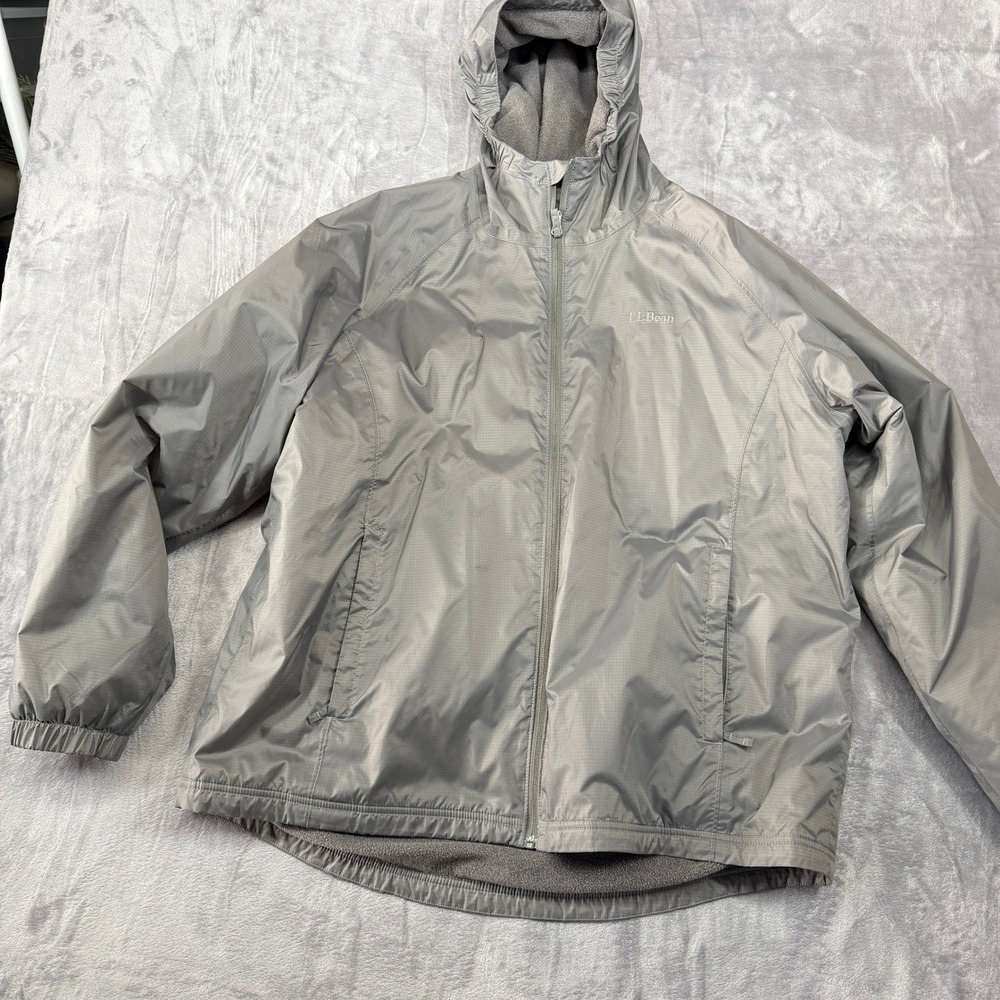 LL Bean Hooded Windbreaker Mens XL Reg Warm-Up Jacket Gray Fleece Lined Ripstop